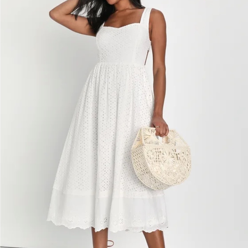 NWT Lulus Charismatic Vibe White Eyelet Embroidered Lace-Up Midi Dress